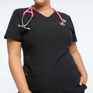Black V-Neck Scrub Top with Pink Heart Trim